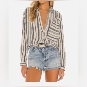 FREE People Size XS Summer Breeze Stripe Popover Shirt Linen Blend Long Sleeve